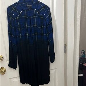 Rock & Republic Blue and Black Ombre Plaid Studded Shirt Dress